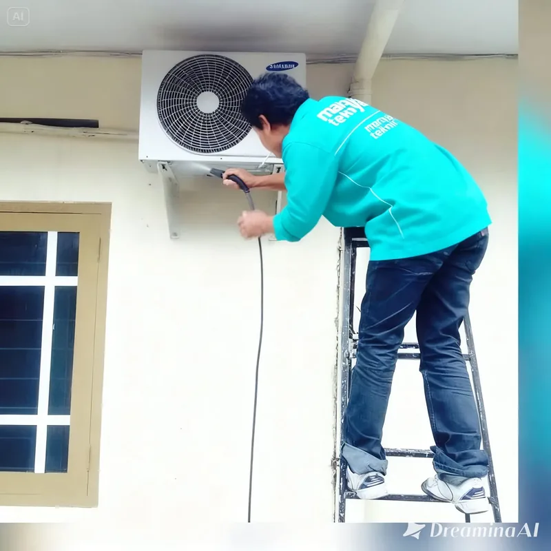 Teknisi Maraya Teknik sedang mencuci unit AC split dengan semprotan air