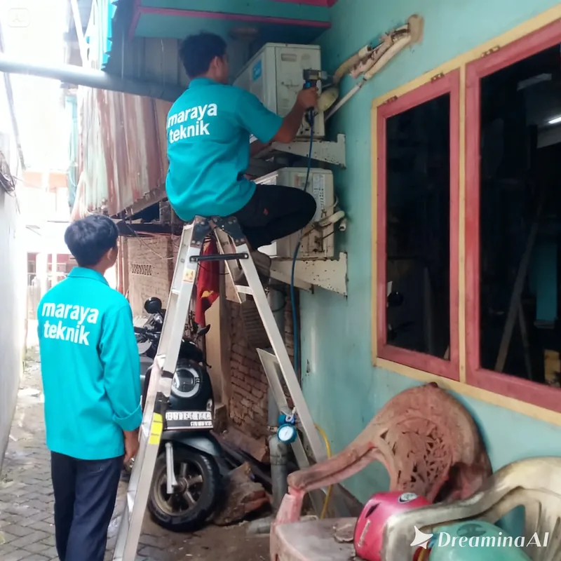 Teknisi Maraya Teknik sedang menambah freon pada unit AC split