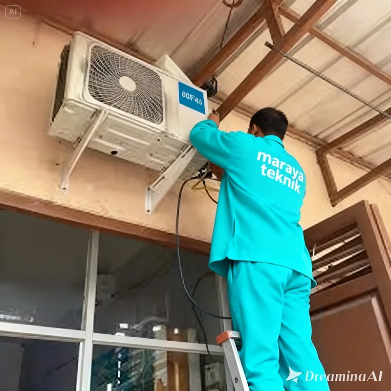 Tim Maraya Teknik memasang unit AC di rumah pelanggan