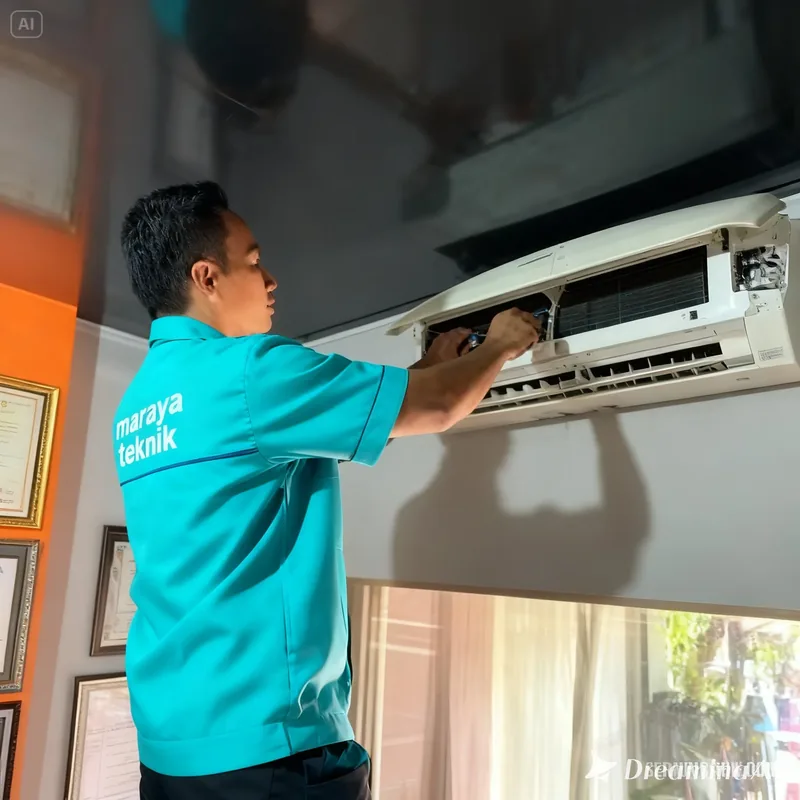 Teknisi Maraya Teknik memperbaiki komponen elektronik unit AC